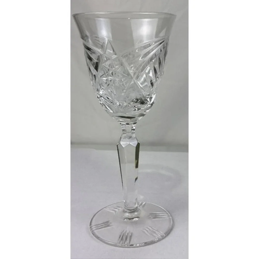 Vintage Cut Crystal Wine Goblet Faceted Stem Clear Glass 5